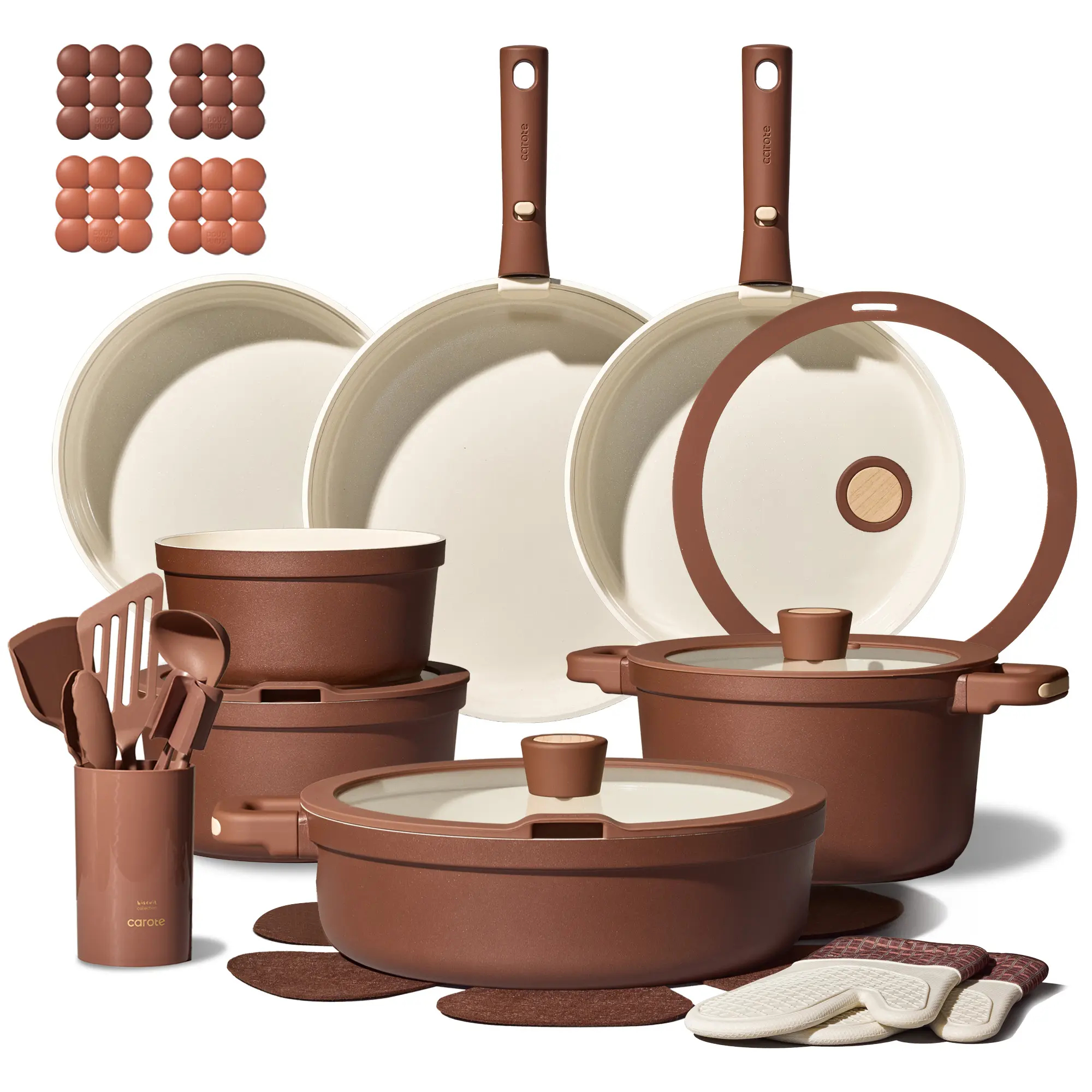 CAROTE 19/22/26pcs Pots and Pans Non Stick, Wooden Detachable Handle, Cookware Sets Induction Kitchen Pots and Pans,NonStick Cooking Set, Oven/Dishwasher/Fridge Safe, Space Saving